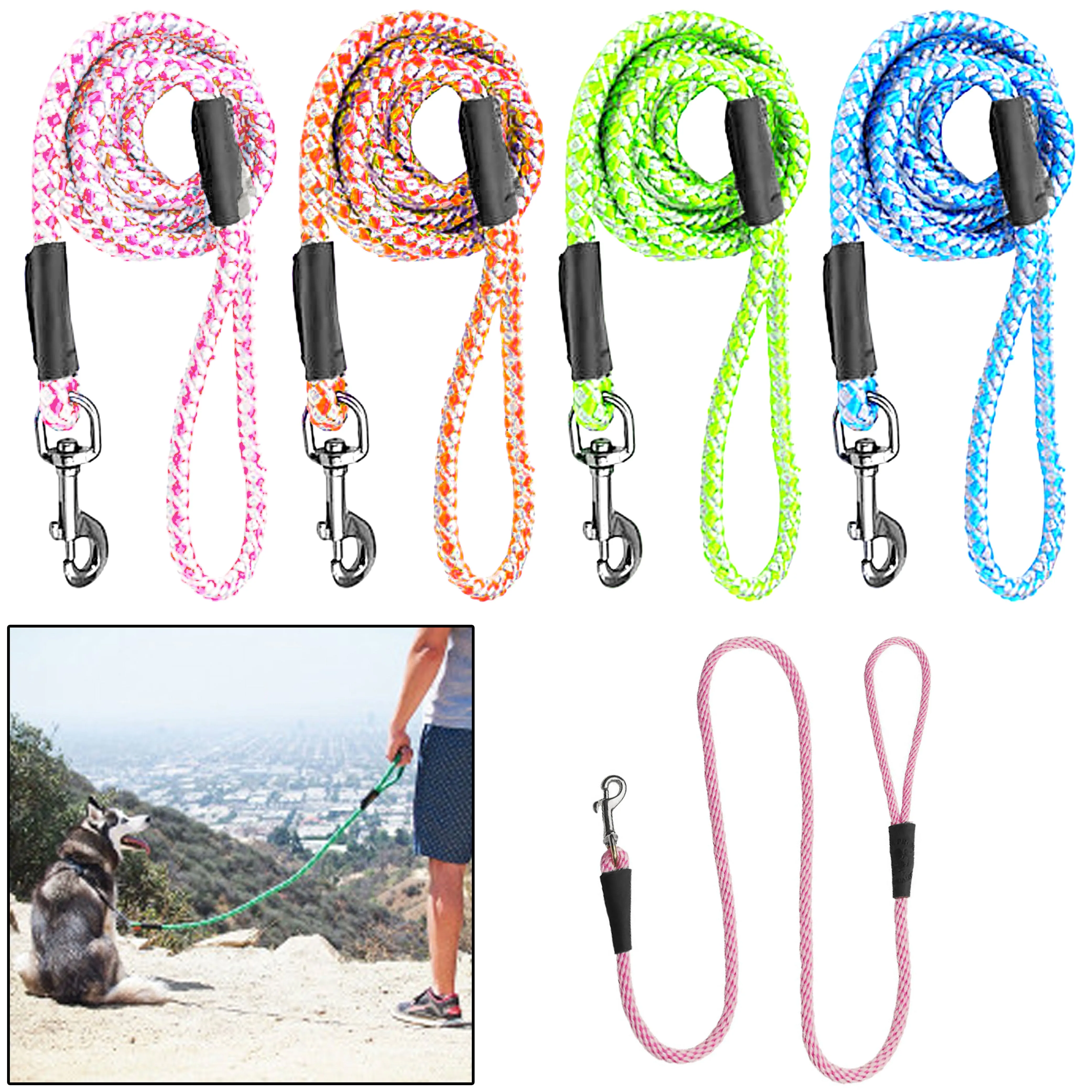 2 Pc Dog Rope Leash Neon Heavy Duty Nylon Braided Lead Training Walking Harness