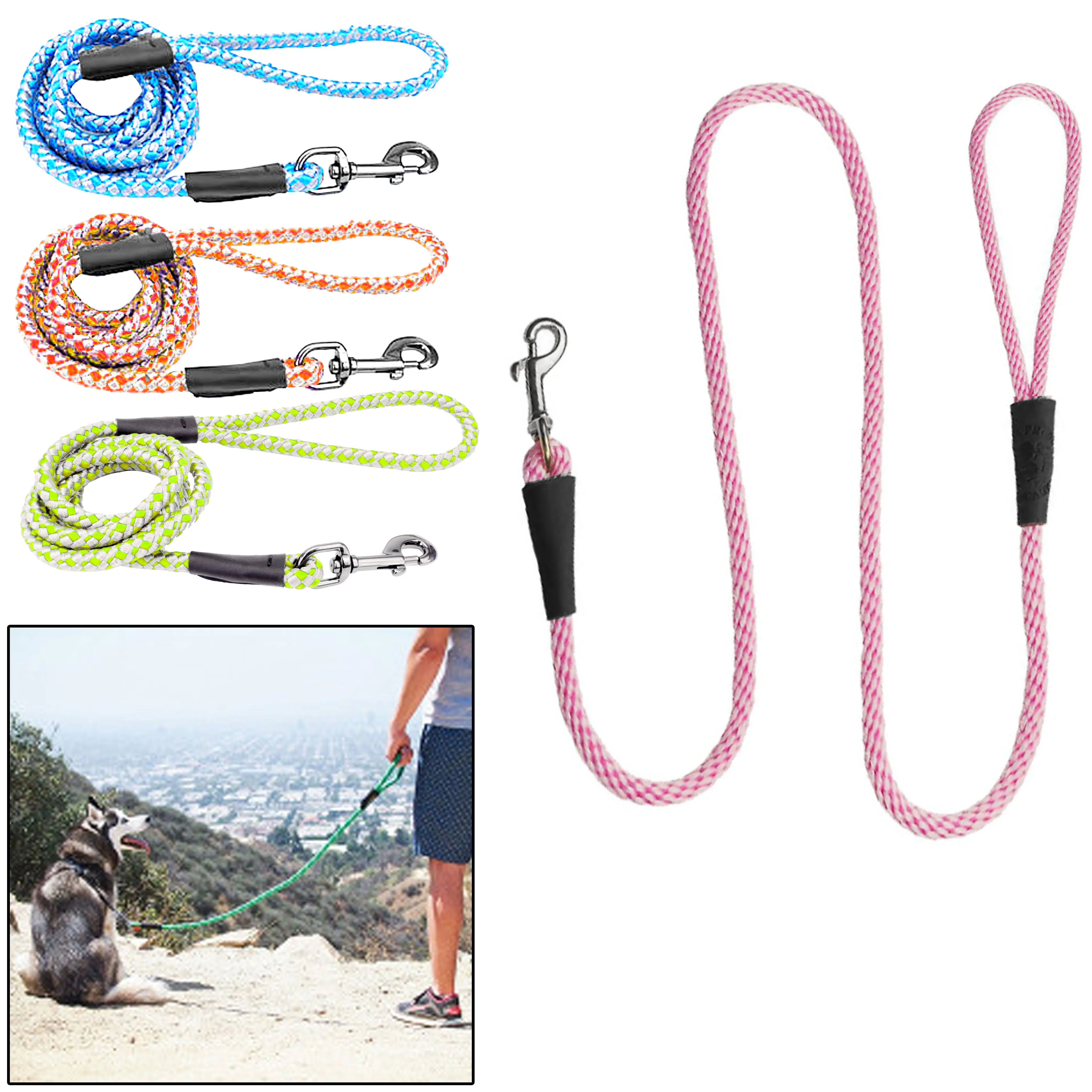 2 Pc Dog Rope Leash Neon Heavy Duty Nylon Braided Lead Training Walking Harness