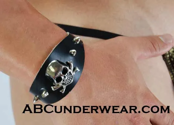 Black Leather Skull Bracelet with Spikes