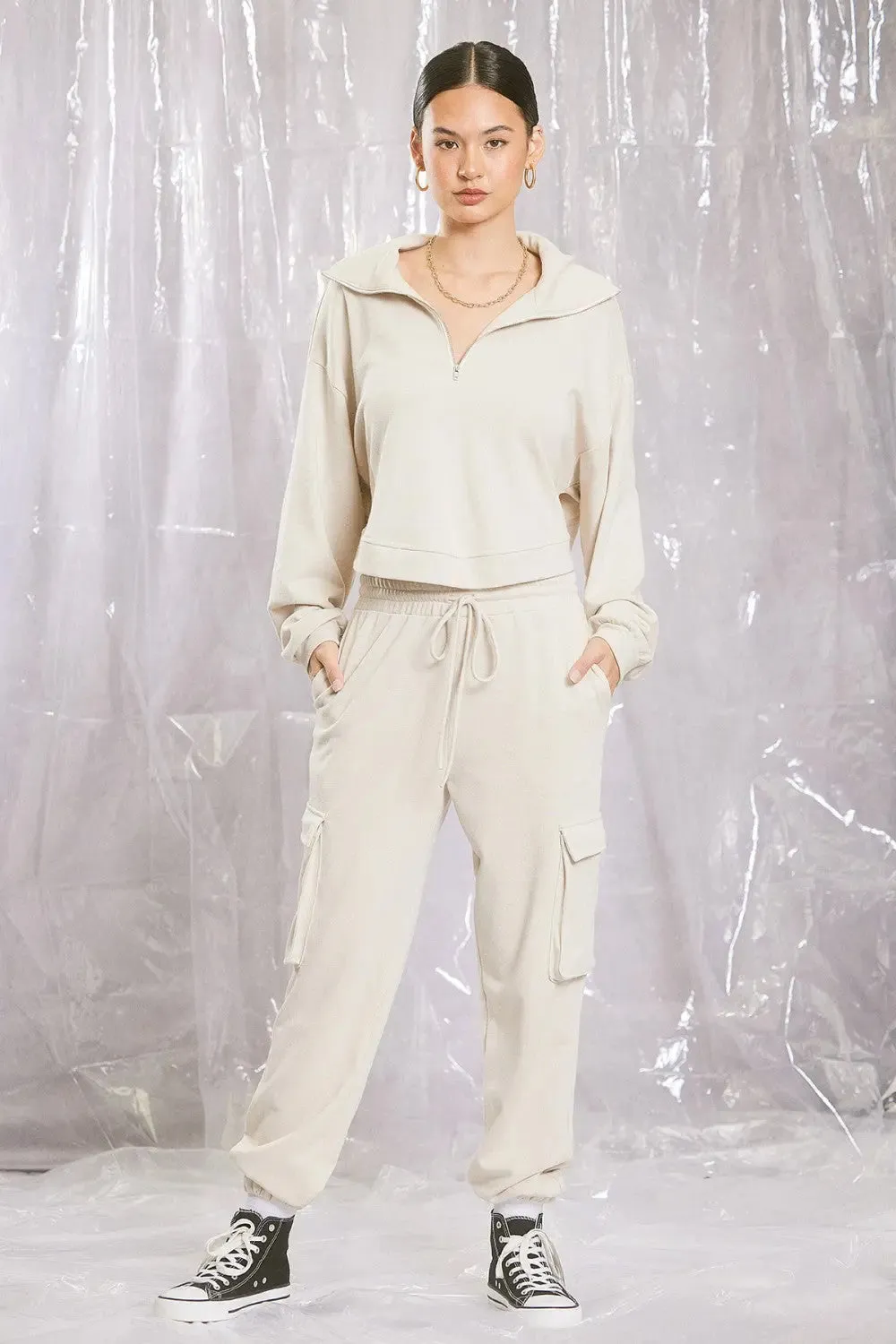 Illa Illa Darla Cotton Terry Pants  Relaxed Cargo Joggers with Drawstring Waist