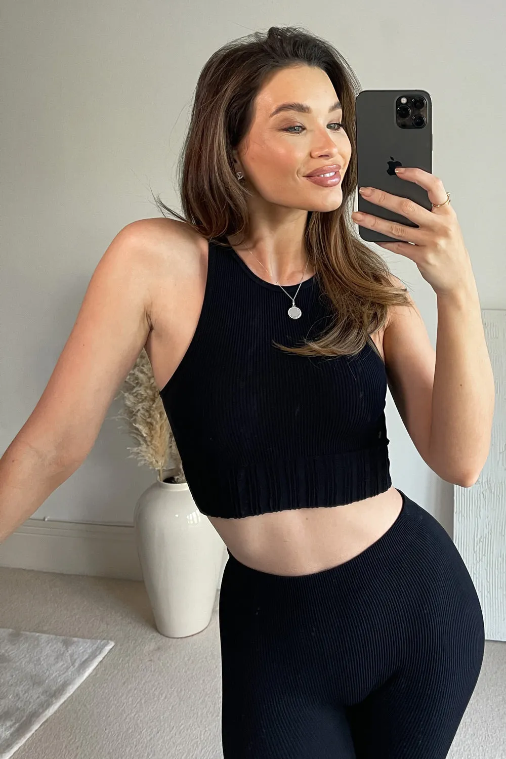 Kitti Black Ribbed Sleeveless Crop Top and Leggings Gym Set