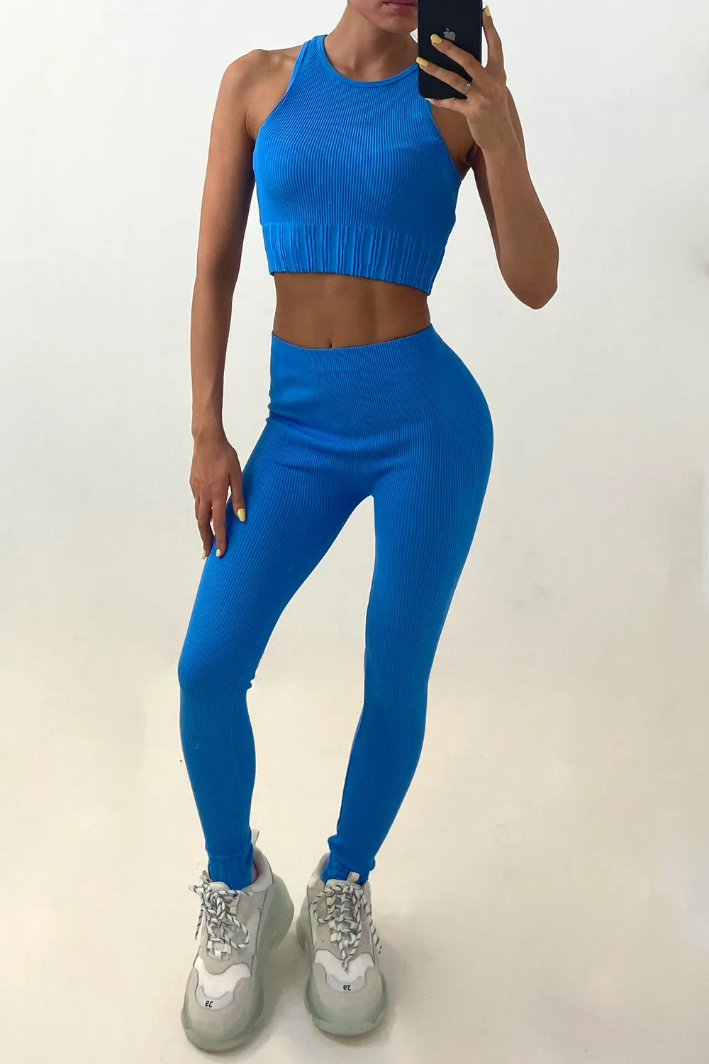 Kitti Blue Ribbed Sleeveless Crop Top and Leggings Gym Set