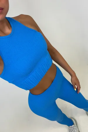 Kitti Blue Ribbed Sleeveless Crop Top and Leggings Gym Set