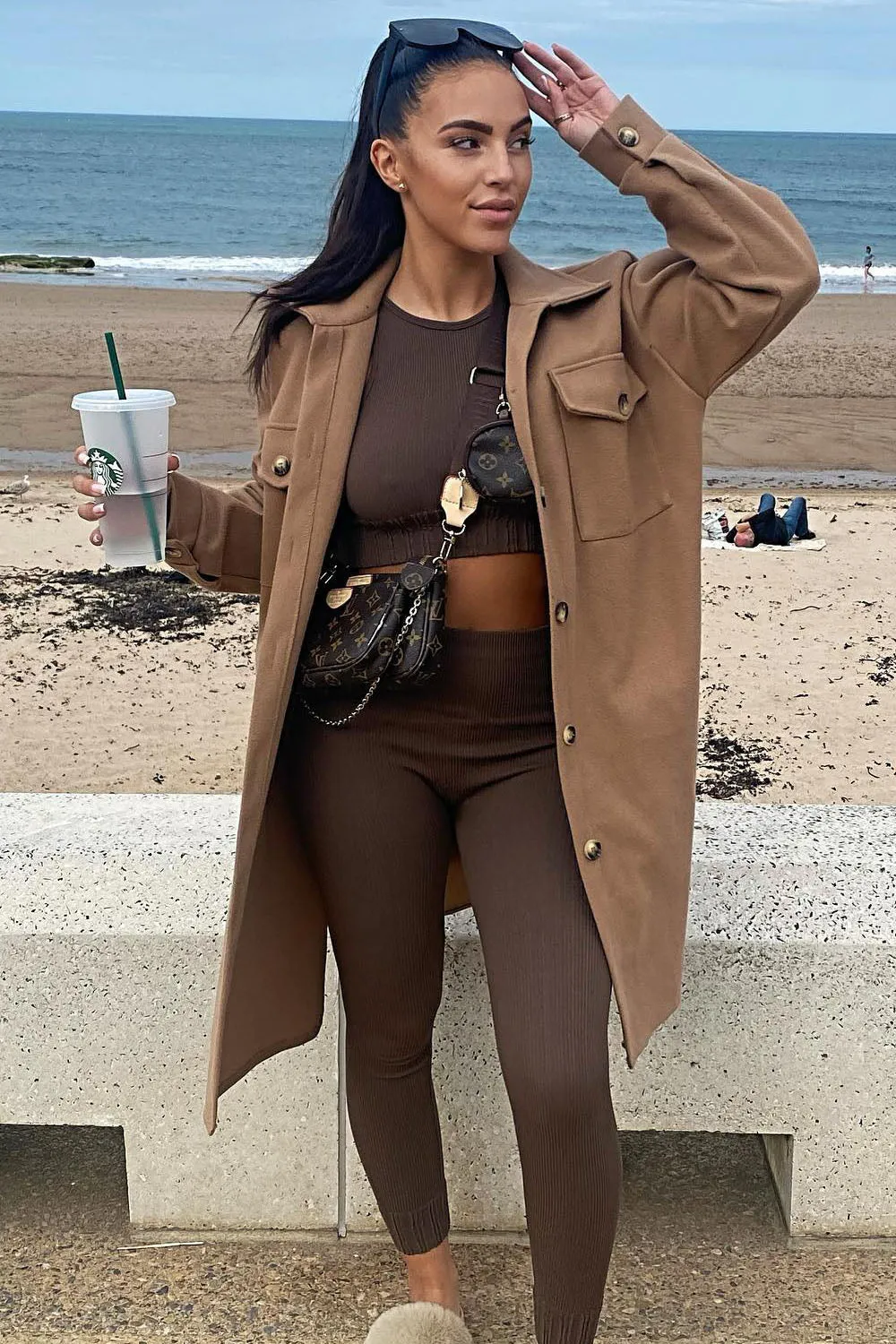 Kitti Brown Ribbed Sleeveless Crop Top and Leggings Gym Set