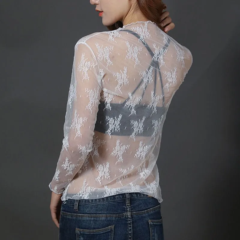 Summer New Women Sunscreen Inner Wear Chiffon mesh Shirt Thin Shirt Butterfly Perspective Mesh Half-high Tops mesh bottom shirt