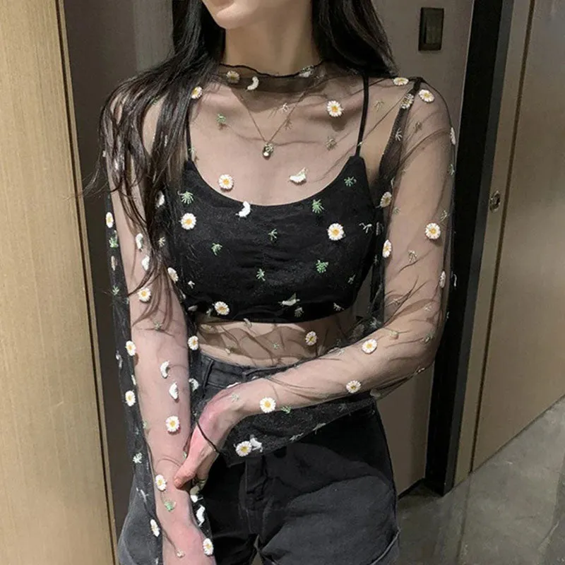 Summer New Women Sunscreen Inner Wear Chiffon mesh Shirt Thin Shirt Butterfly Perspective Mesh Half-high Tops mesh bottom shirt