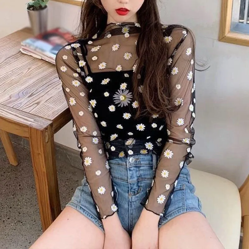 Summer New Women Sunscreen Inner Wear Chiffon mesh Shirt Thin Shirt Butterfly Perspective Mesh Half-high Tops mesh bottom shirt