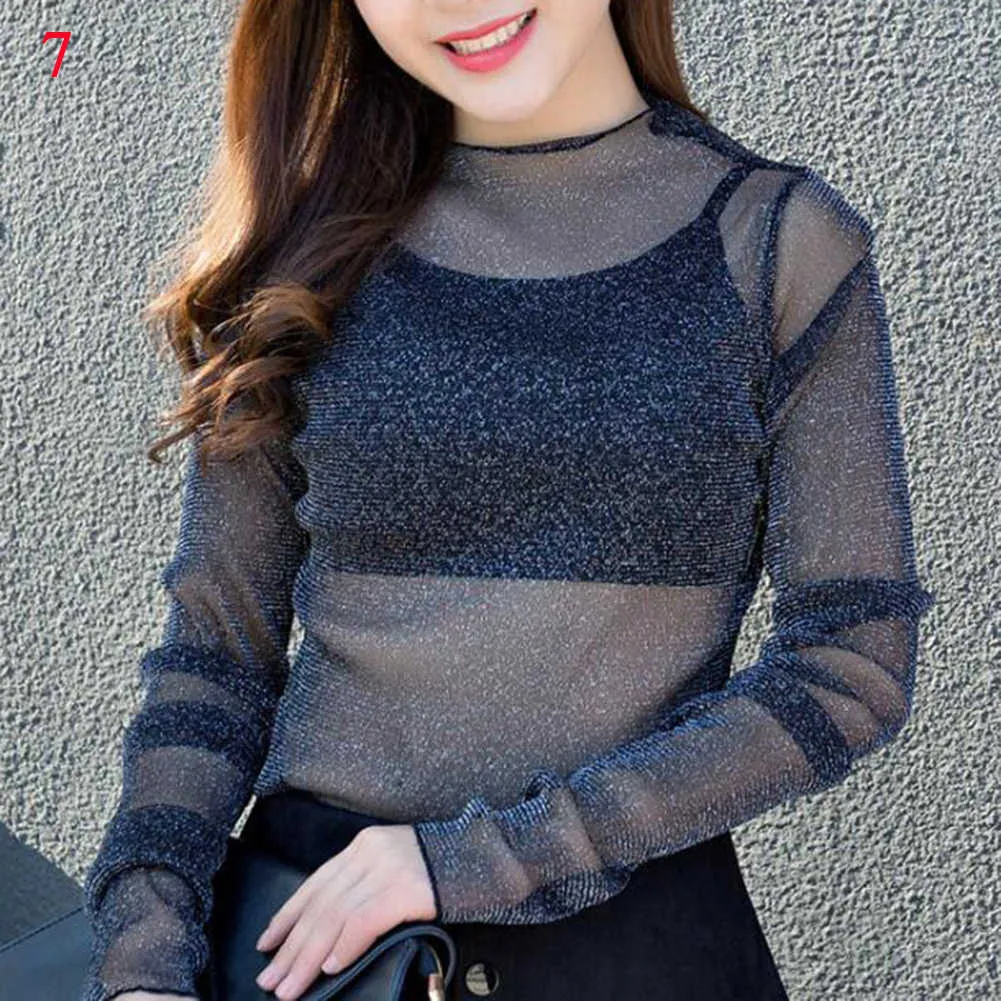 Summer New Women Sunscreen Inner Wear Chiffon mesh Shirt Thin Shirt Butterfly Perspective Mesh Half-high Tops mesh bottom shirt