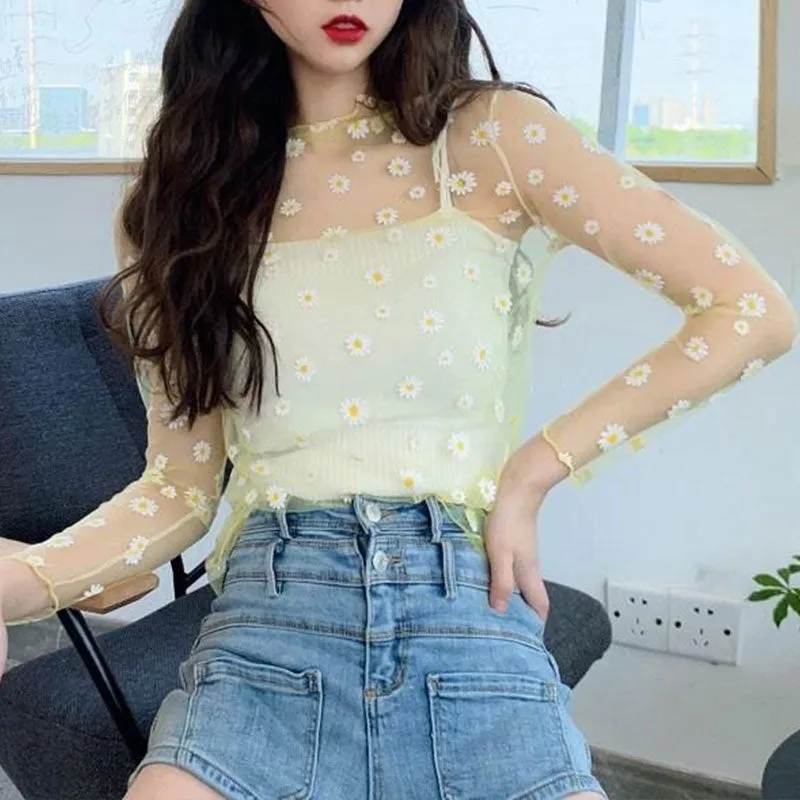 Summer New Women Sunscreen Inner Wear Chiffon mesh Shirt Thin Shirt Butterfly Perspective Mesh Half-high Tops mesh bottom shirt