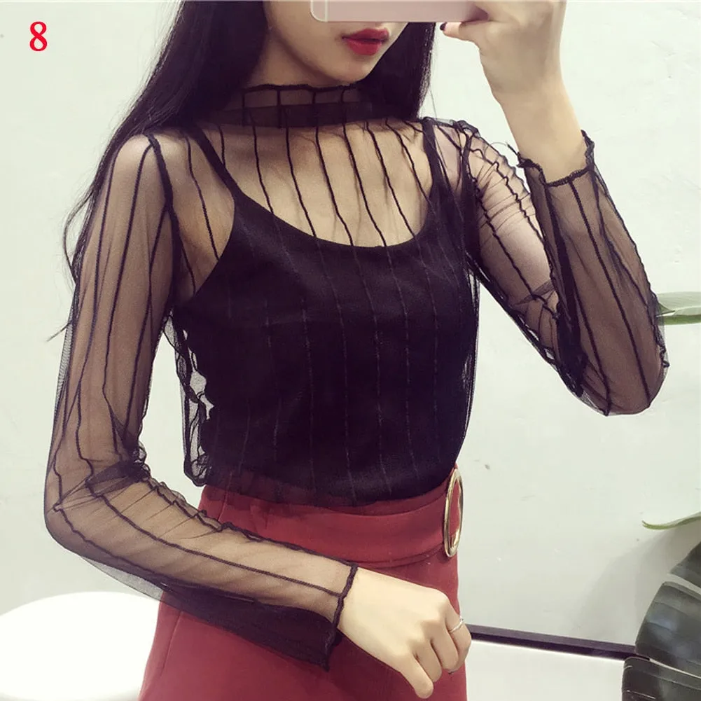 Summer New Women Sunscreen Inner Wear Chiffon mesh Shirt Thin Shirt Butterfly Perspective Mesh Half-high Tops mesh bottom shirt
