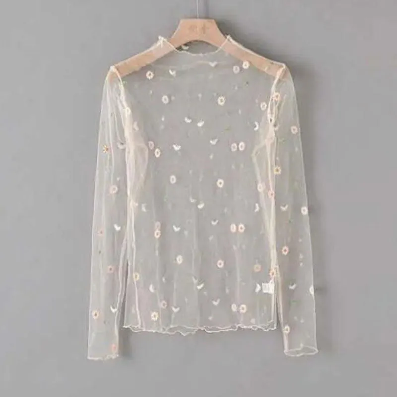 Summer New Women Sunscreen Inner Wear Chiffon mesh Shirt Thin Shirt Butterfly Perspective Mesh Half-high Tops mesh bottom shirt