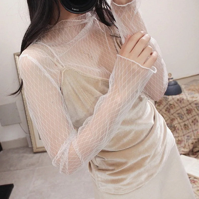 Summer New Women Sunscreen Inner Wear Chiffon mesh Shirt Thin Shirt Butterfly Perspective Mesh Half-high Tops mesh bottom shirt