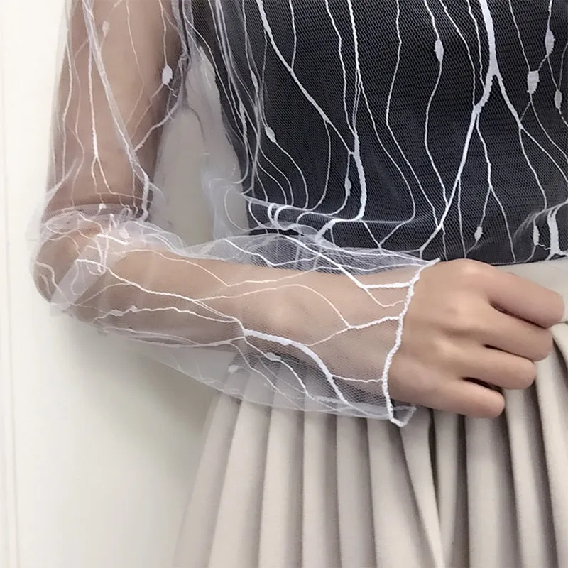 Summer New Women Sunscreen Inner Wear Chiffon mesh Shirt Thin Shirt Butterfly Perspective Mesh Half-high Tops mesh bottom shirt