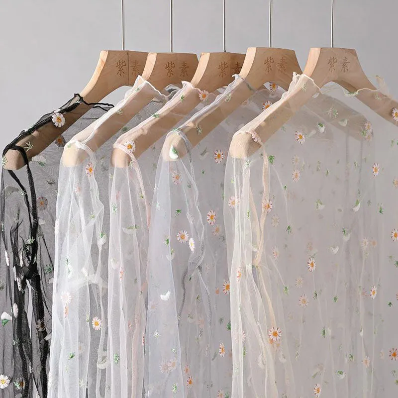 Summer New Women Sunscreen Inner Wear Chiffon mesh Shirt Thin Shirt Butterfly Perspective Mesh Half-high Tops mesh bottom shirt