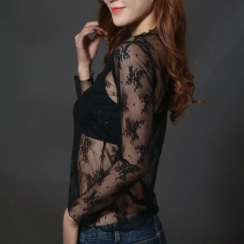 Summer New Women Sunscreen Inner Wear Chiffon mesh Shirt Thin Shirt Butterfly Perspective Mesh Half-high Tops mesh bottom shirt