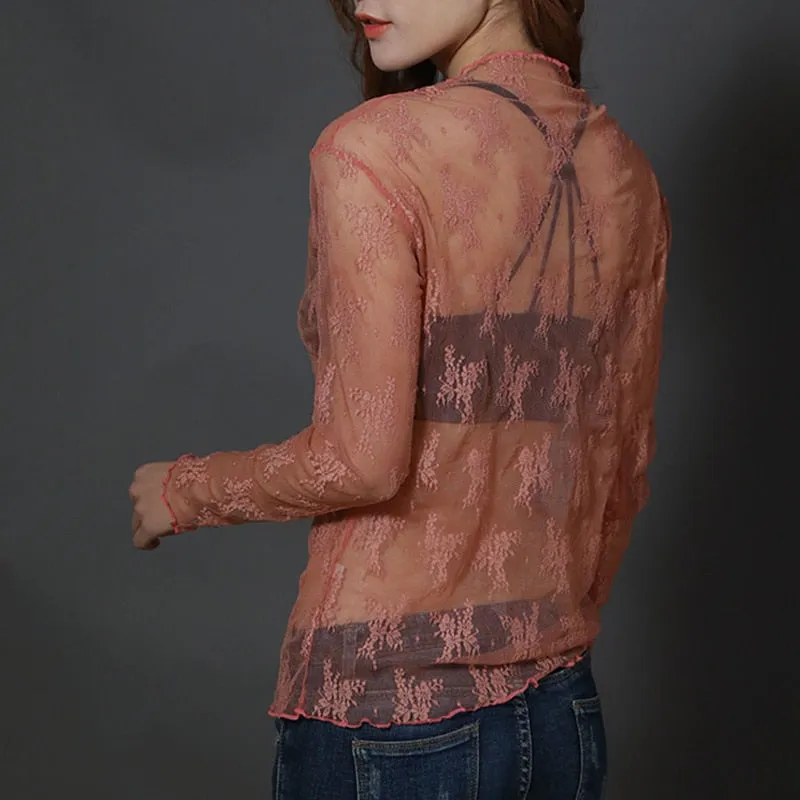 Summer New Women Sunscreen Inner Wear Chiffon mesh Shirt Thin Shirt Butterfly Perspective Mesh Half-high Tops mesh bottom shirt