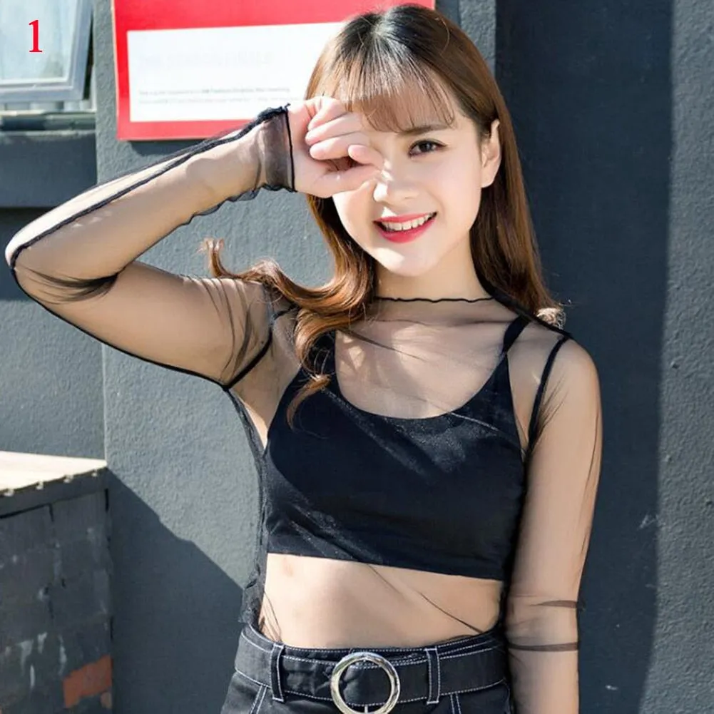 Summer New Women Sunscreen Inner Wear Chiffon mesh Shirt Thin Shirt Butterfly Perspective Mesh Half-high Tops mesh bottom shirt