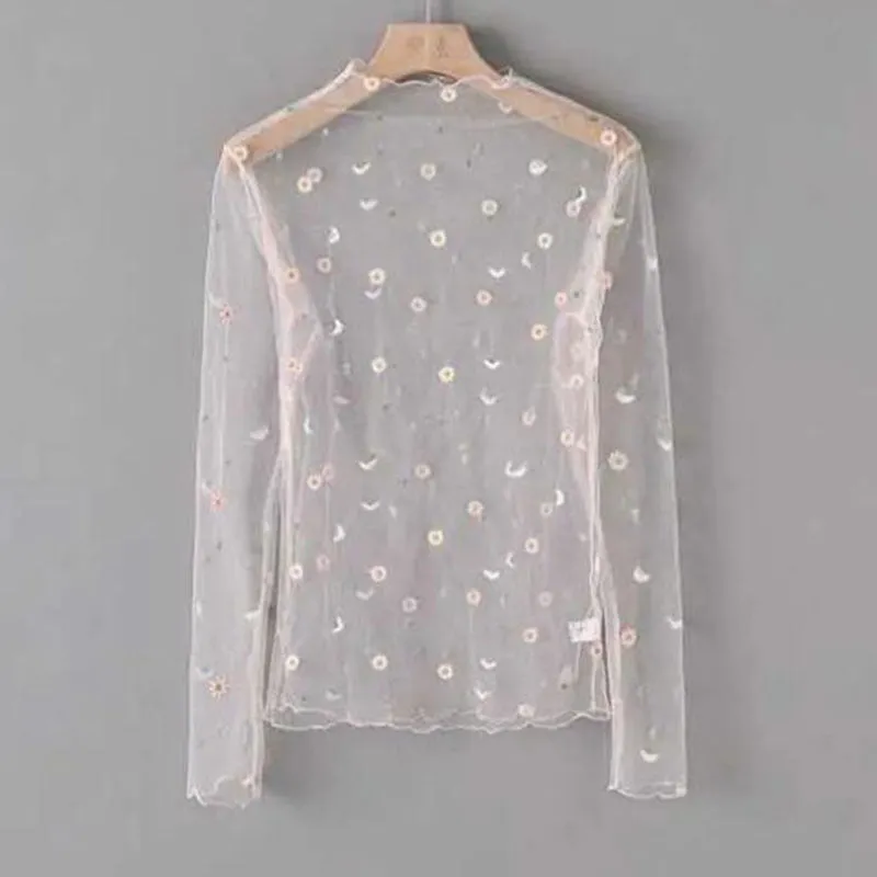 Summer New Women Sunscreen Inner Wear Chiffon mesh Shirt Thin Shirt Butterfly Perspective Mesh Half-high Tops mesh bottom shirt