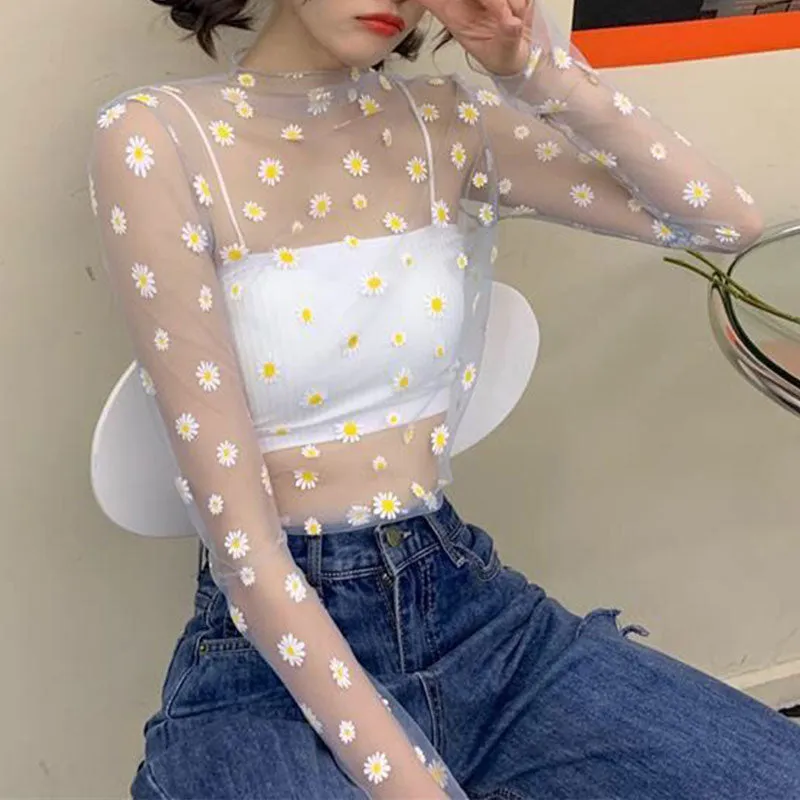 Summer New Women Sunscreen Inner Wear Chiffon mesh Shirt Thin Shirt Butterfly Perspective Mesh Half-high Tops mesh bottom shirt