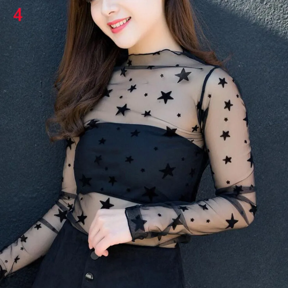 Summer New Women Sunscreen Inner Wear Chiffon mesh Shirt Thin Shirt Butterfly Perspective Mesh Half-high Tops mesh bottom shirt
