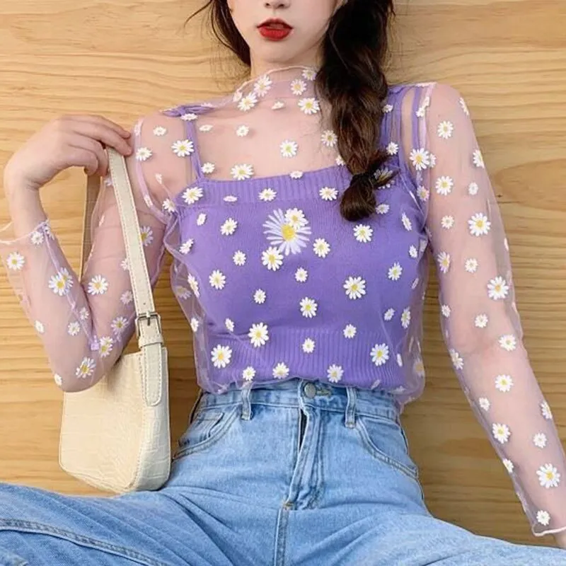 Summer New Women Sunscreen Inner Wear Chiffon mesh Shirt Thin Shirt Butterfly Perspective Mesh Half-high Tops mesh bottom shirt